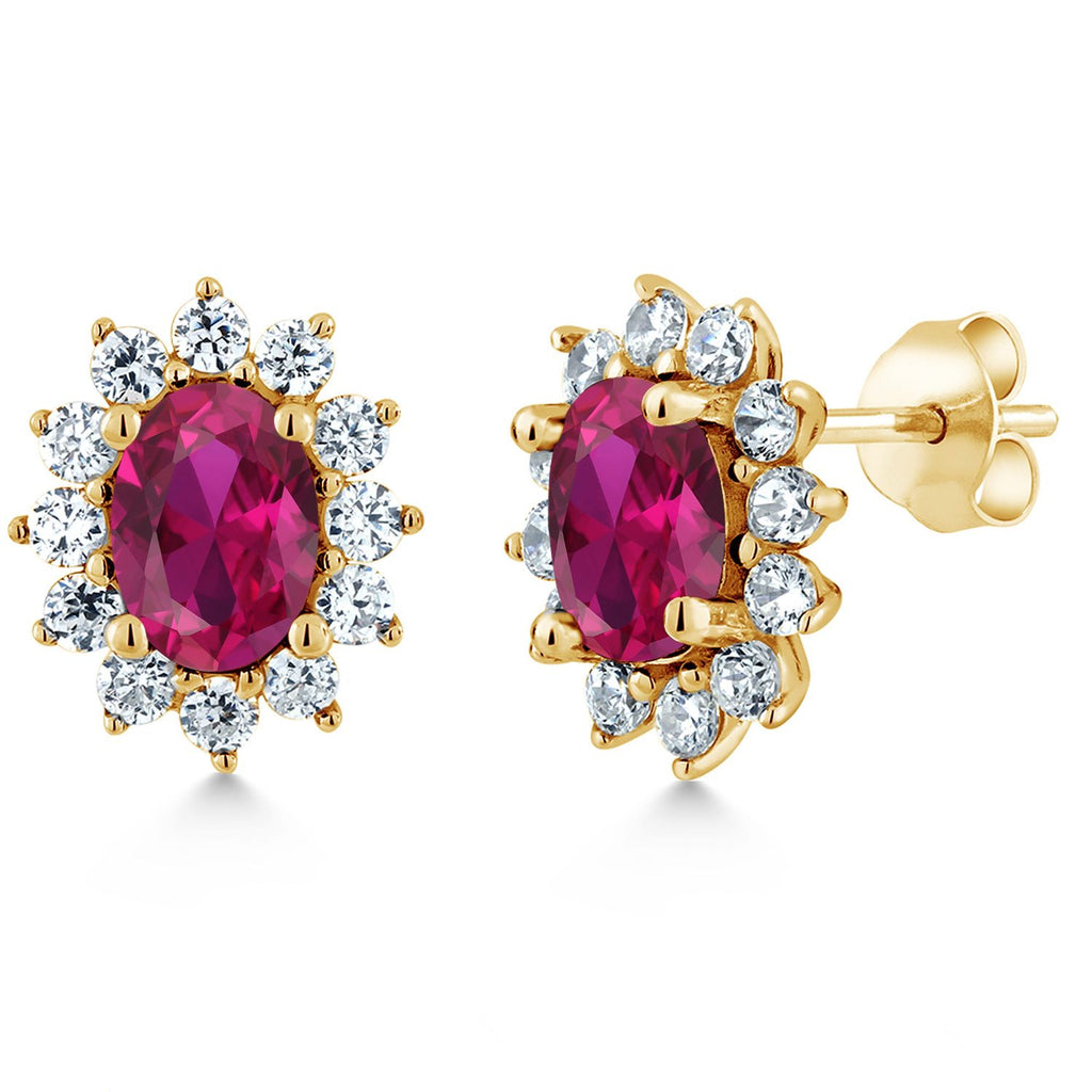 Gem Stone King 18K Yellow Gold Plated Silver Halo Stud Earrings For Women | Oval 7X5MM | Gemstone Birthstone | Princess Diana Royal Anniversary Wedding Birthday Fine Jewelry Gifts for Mom Wife Her