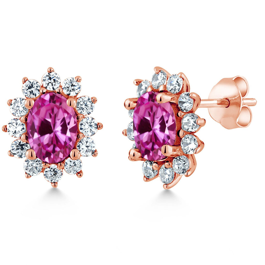 Gem Stone King 18K Rose Gold Plated Silver Oval 7X5MM Gemstone Birthstone Stud Earrings Princess Diana Royal Halo Style For Women Anniversary Wedding Birthday
