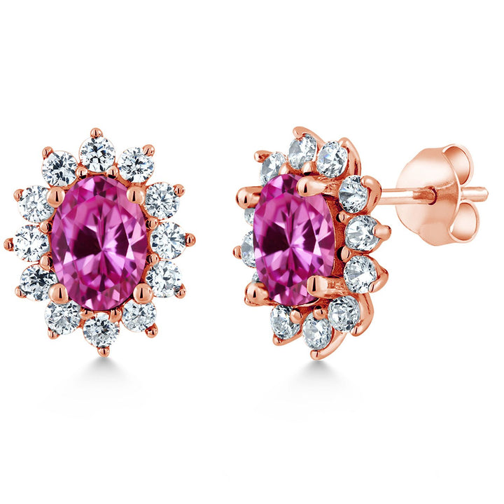 Gem Stone King 18K Rose Gold Plated Silver Oval 7X5MM Gemstone Birthstone Stud Earrings Princess Diana Royal Halo Style For Women Anniversary Wedding Birthday