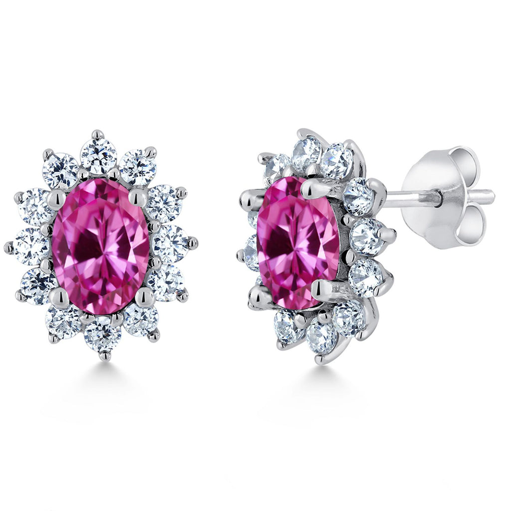 Gem Stone King 7X5MM Oval Gemstone Birthstone Stud Earrings For Women | Princess Diana Royal Halo Style | 925 Sterling Silver | Fine Jewelry Gifts for Anniversary Wedding Her Mom Women Wife