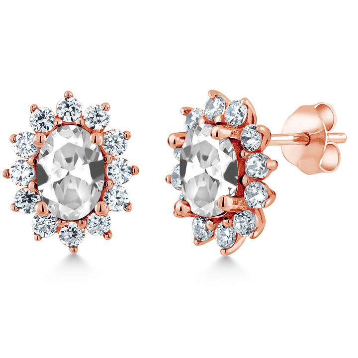 Gem Stone King 18K Rose Gold Plated Silver Oval 7X5MM Gemstone Birthstone Stud Earrings Princess Diana Royal Halo Style For Women Anniversary Wedding Birthday