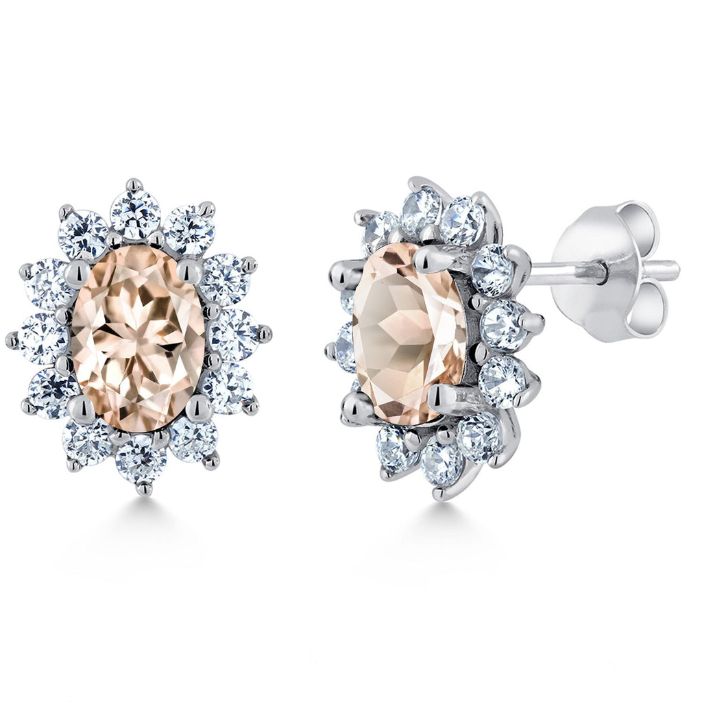 Gem Stone King 7X5MM Oval Gemstone Birthstone Stud Earrings For Women | Princess Diana Royal Halo Style | 925 Sterling Silver | Fine Jewelry Gifts for Anniversary Wedding Her Mom Women Wife