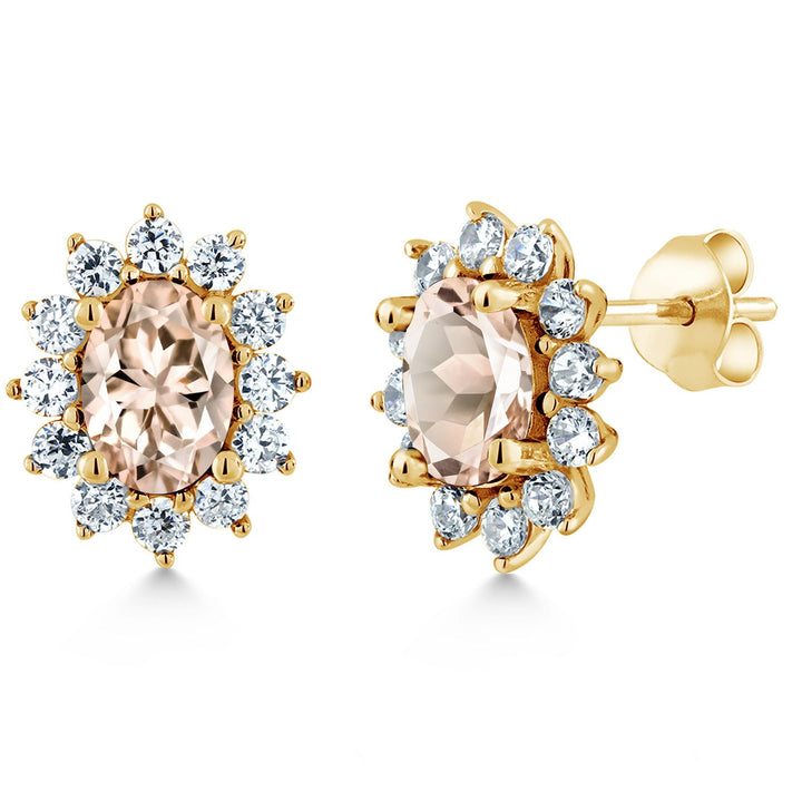 Gem Stone King 18K Yellow Gold Plated Silver Halo Stud Earrings For Women | Oval 7X5MM | Gemstone Birthstone | Princess Diana Royal Anniversary Wedding Birthday Fine Jewelry Gifts for Mom Wife Her