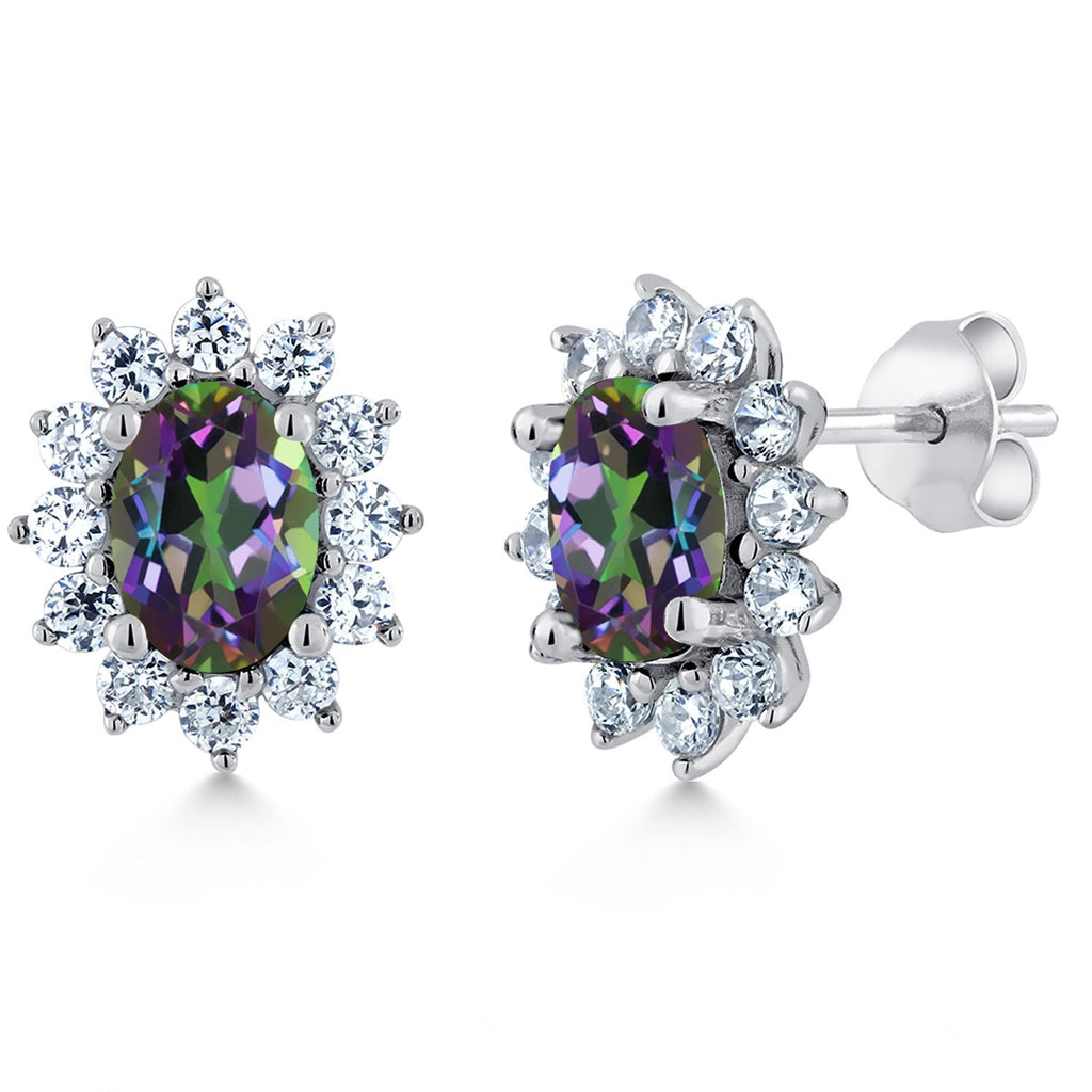 Gem Stone King 7X5MM Oval Gemstone Birthstone Stud Earrings For Women | Princess Diana Royal Halo Style | 925 Sterling Silver | Fine Jewelry Gifts for Anniversary Wedding Her Mom Women Wife