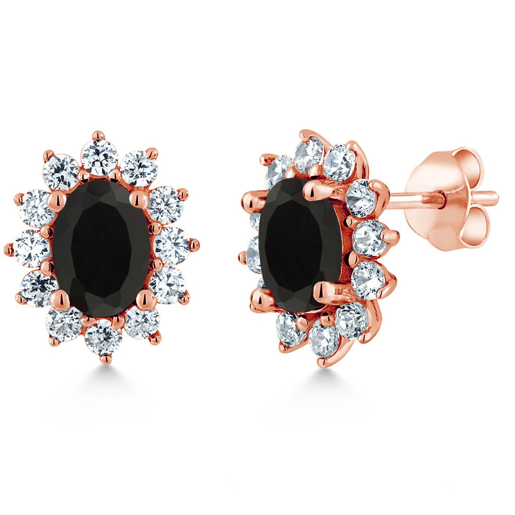 Gem Stone King 18K Rose Gold Plated Silver Oval 7X5MM Gemstone Birthstone Stud Earrings Princess Diana Royal Halo Style For Women Anniversary Wedding Birthday