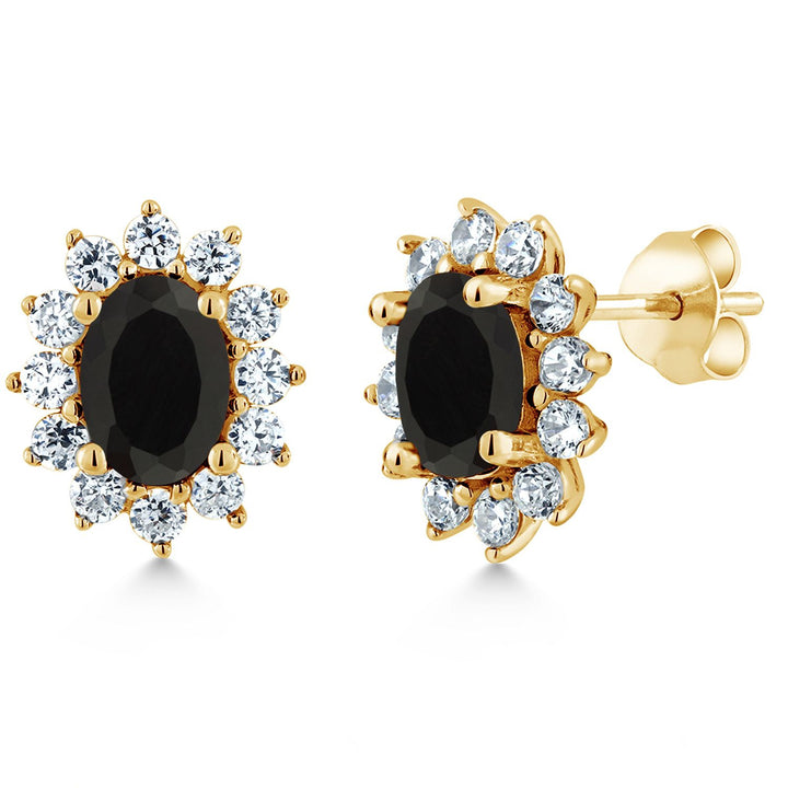 Gem Stone King 18K Yellow Gold Plated Silver Halo Stud Earrings For Women | Oval 7X5MM | Gemstone Birthstone | Princess Diana Royal Anniversary Wedding Birthday Fine Jewelry Gifts for Mom Wife Her