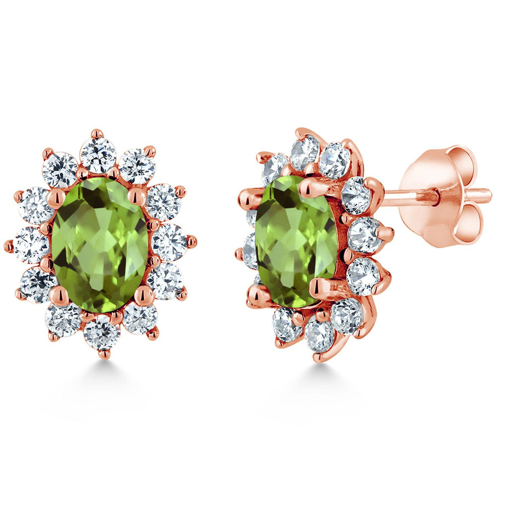 Gem Stone King 18K Rose Gold Plated Silver Oval 7X5MM Gemstone Birthstone Stud Earrings Princess Diana Royal Halo Style For Women Anniversary Wedding Birthday