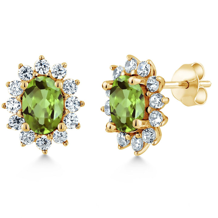 18K Yellow Gold Plated Silver Halo Stud Earrings For Women | Oval 7X5MM | Gemstone Birthstone | Princess Diana Royal Anniversary Wedding Birthday Fine Jewelry Gifts for Mom Wife Her