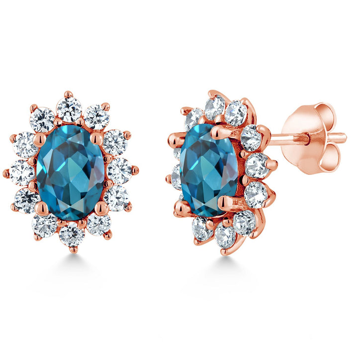 Gem Stone King 18K Rose Gold Plated Silver Oval 7X5MM Gemstone Birthstone Stud Earrings Princess Diana Royal Halo Style For Women Anniversary Wedding Birthday