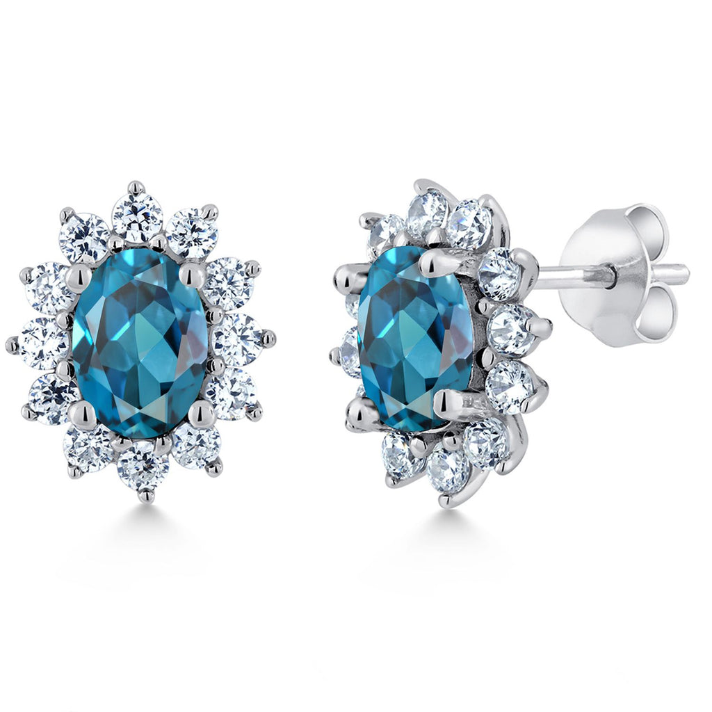 Gem Stone King 7X5MM Oval Gemstone Birthstone Stud Earrings For Women | Princess Diana Royal Halo Style | 925 Sterling Silver | Fine Jewelry Gifts for Anniversary Wedding Her Mom Women Wife
