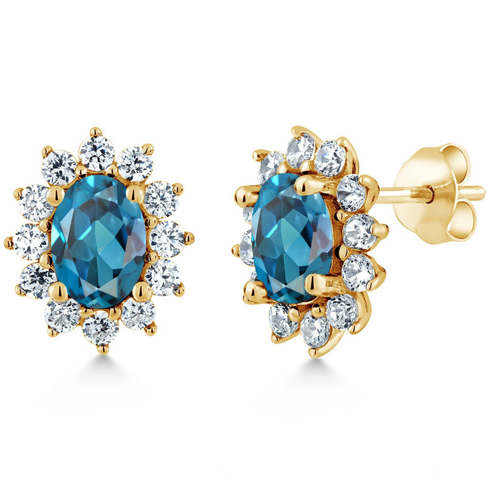 Gem Stone King 18K Yellow Gold Plated Silver Halo Stud Earrings For Women | Oval 7X5MM | Gemstone Birthstone | Princess Diana Royal Anniversary Wedding Birthday Fine Jewelry Gifts for Mom Wife Her