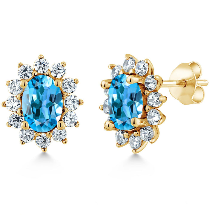 18K Yellow Gold Plated Silver Halo Stud Earrings For Women | Oval 7X5MM | Gemstone Birthstone | Princess Diana Royal Anniversary Wedding Birthday Fine Jewelry Gifts for Mom Wife Her