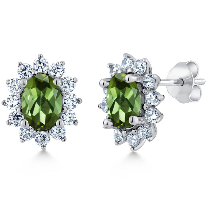 Gem Stone King 7X5MM Oval Gemstone Birthstone Stud Earrings For Women | Princess Diana Royal Halo Style | 925 Sterling Silver | Fine Jewelry Gifts for Anniversary Wedding Her Mom Women Wife