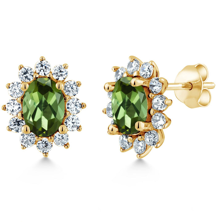 18K Yellow Gold Plated Silver Halo Stud Earrings For Women | Oval 7X5MM | Gemstone Birthstone | Princess Diana Royal Anniversary Wedding Birthday Fine Jewelry Gifts for Mom Wife Her