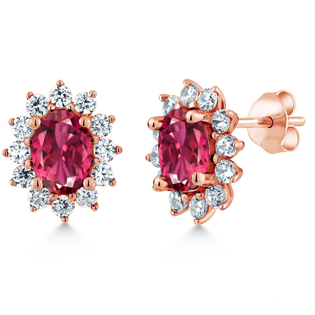 Gem Stone King 18K Rose Gold Plated Silver Oval 7X5MM Gemstone Birthstone Stud Earrings Princess Diana Royal Halo Style For Women Anniversary Wedding Birthday
