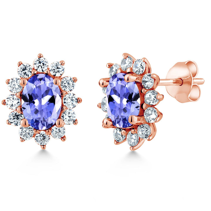 Gem Stone King 18K Rose Gold Plated Silver Oval 7X5MM Gemstone Birthstone Stud Earrings Princess Diana Royal Halo Style For Women Anniversary Wedding Birthday
