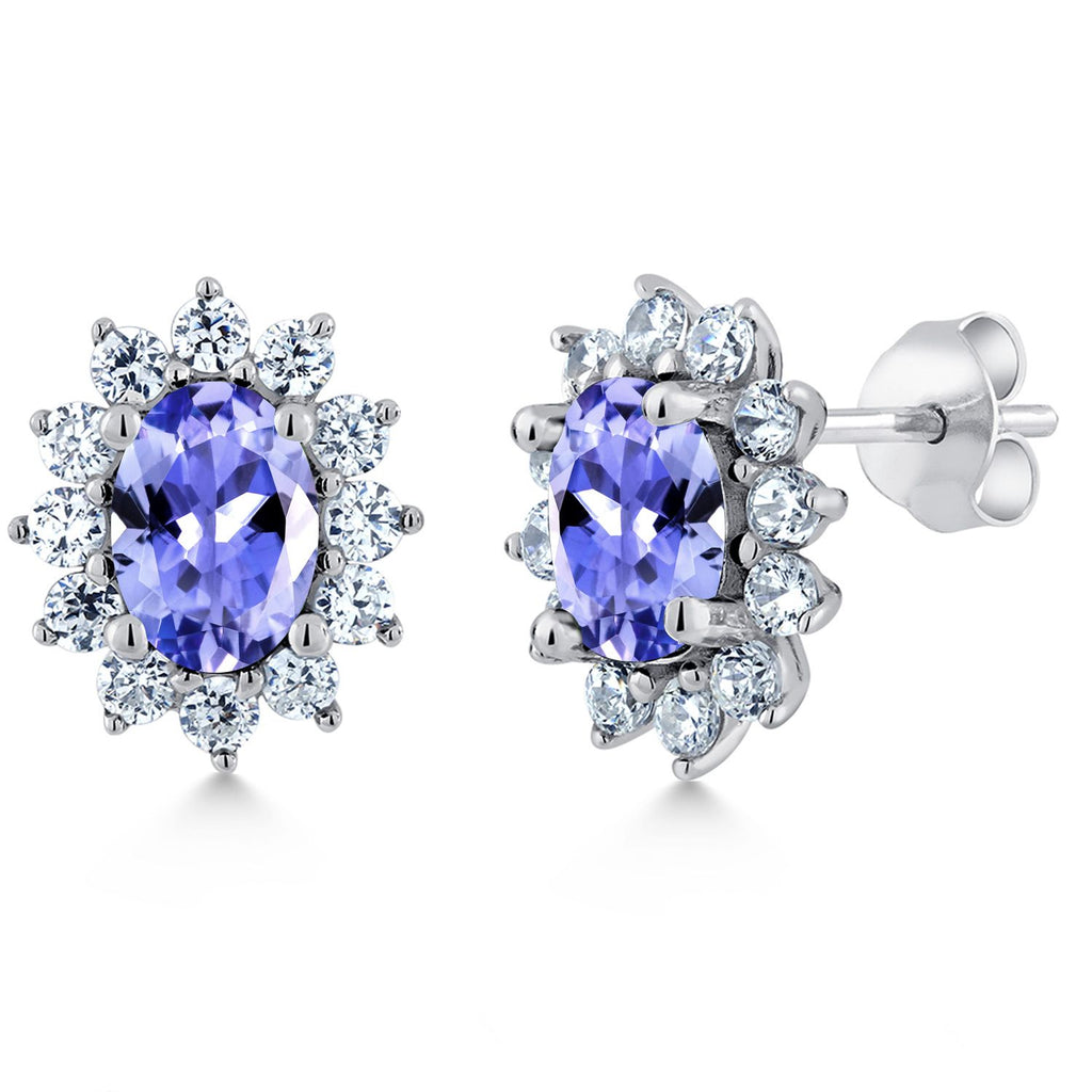 Gem Stone King 7X5MM Oval Gemstone Birthstone Stud Earrings For Women | Princess Diana Royal Halo Style | 925 Sterling Silver | Fine Jewelry Gifts for Anniversary Wedding Her Mom Women Wife