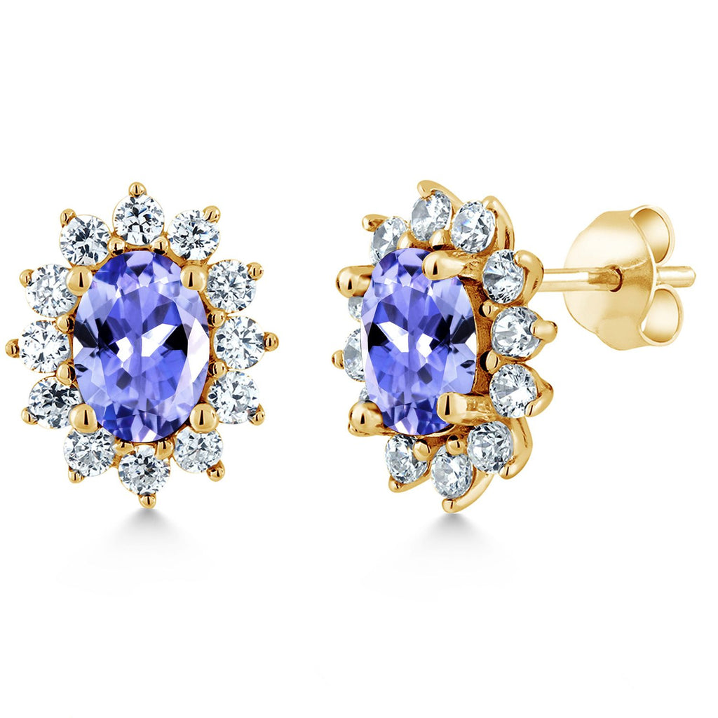 Gem Stone King 18K Yellow Gold Plated Silver Halo Stud Earrings For Women | Oval 7X5MM | Gemstone Birthstone | Princess Diana Royal Anniversary Wedding Birthday Fine Jewelry Gifts for Mom Wife Her