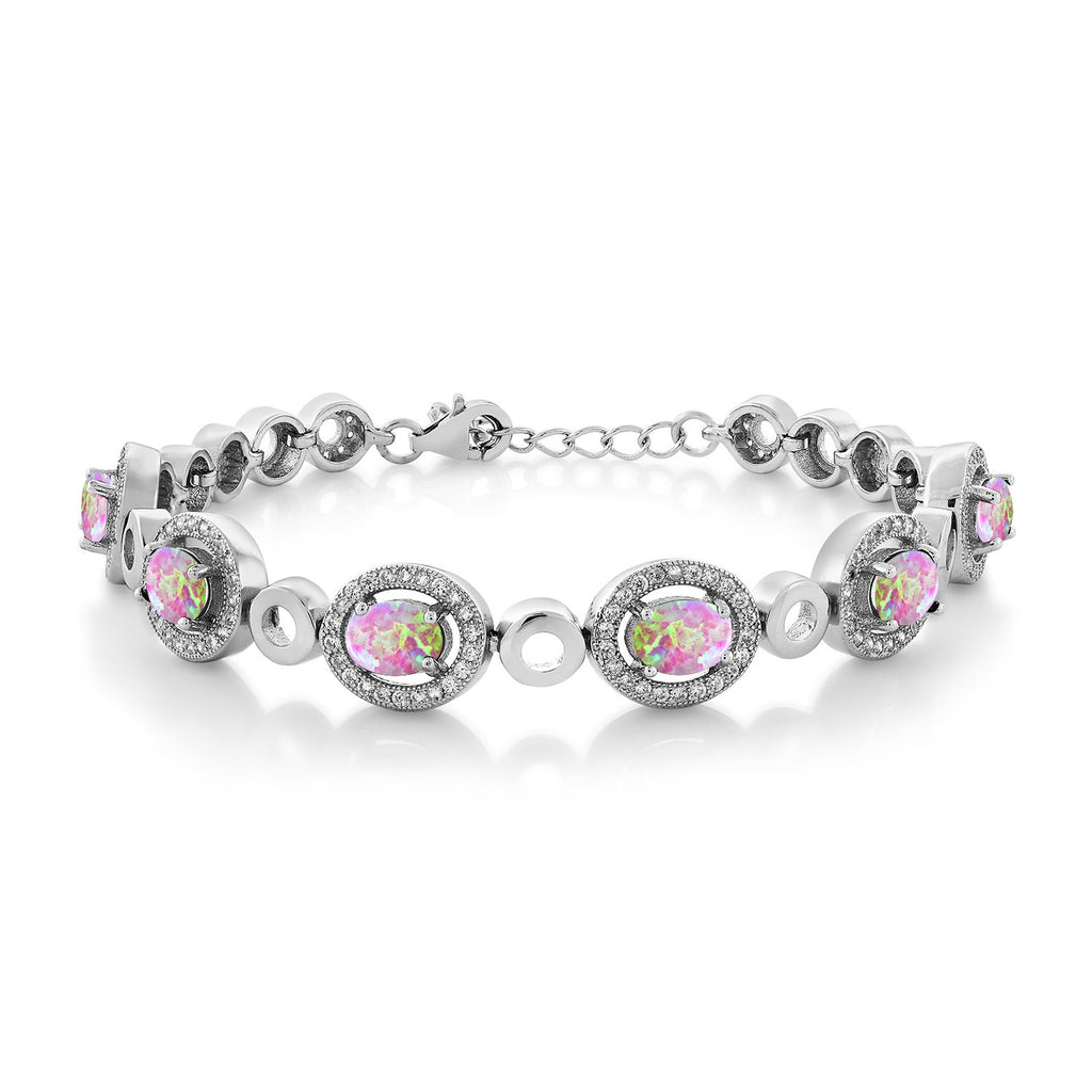 Pink Simulated Opal-Cabochon - October_Bracelet in 925 Sterling Silver