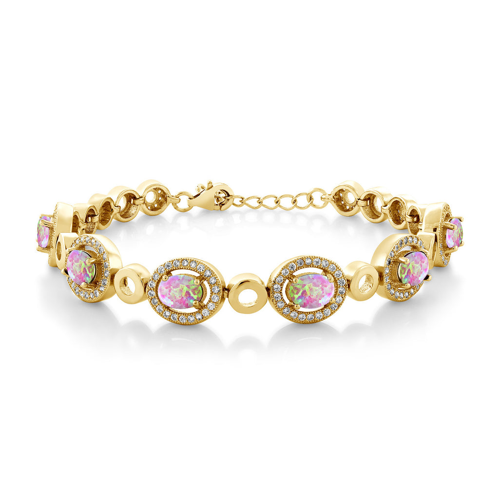 Pink Simulated Opal-Cabochon - October_Bracelet in 925 Yellow Gold Plated Silver