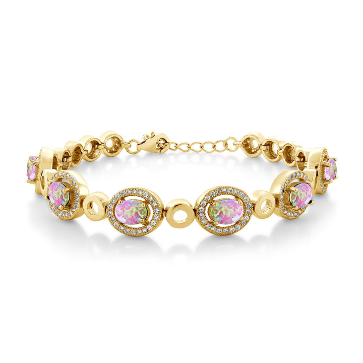 Pink Simulated Opal-Cabochon - October_Bracelet in 925 Yellow Gold Plated Silver
