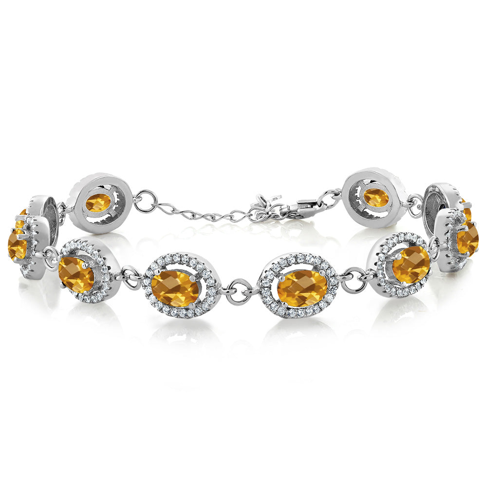 9.88 Cttw Yellow Citrine Tennis Bracelet For Women In 925 Sterling Silver | 7X5MM Oval Checkerboard Cut | Gemstone November Birthstone | 7.5 Inch