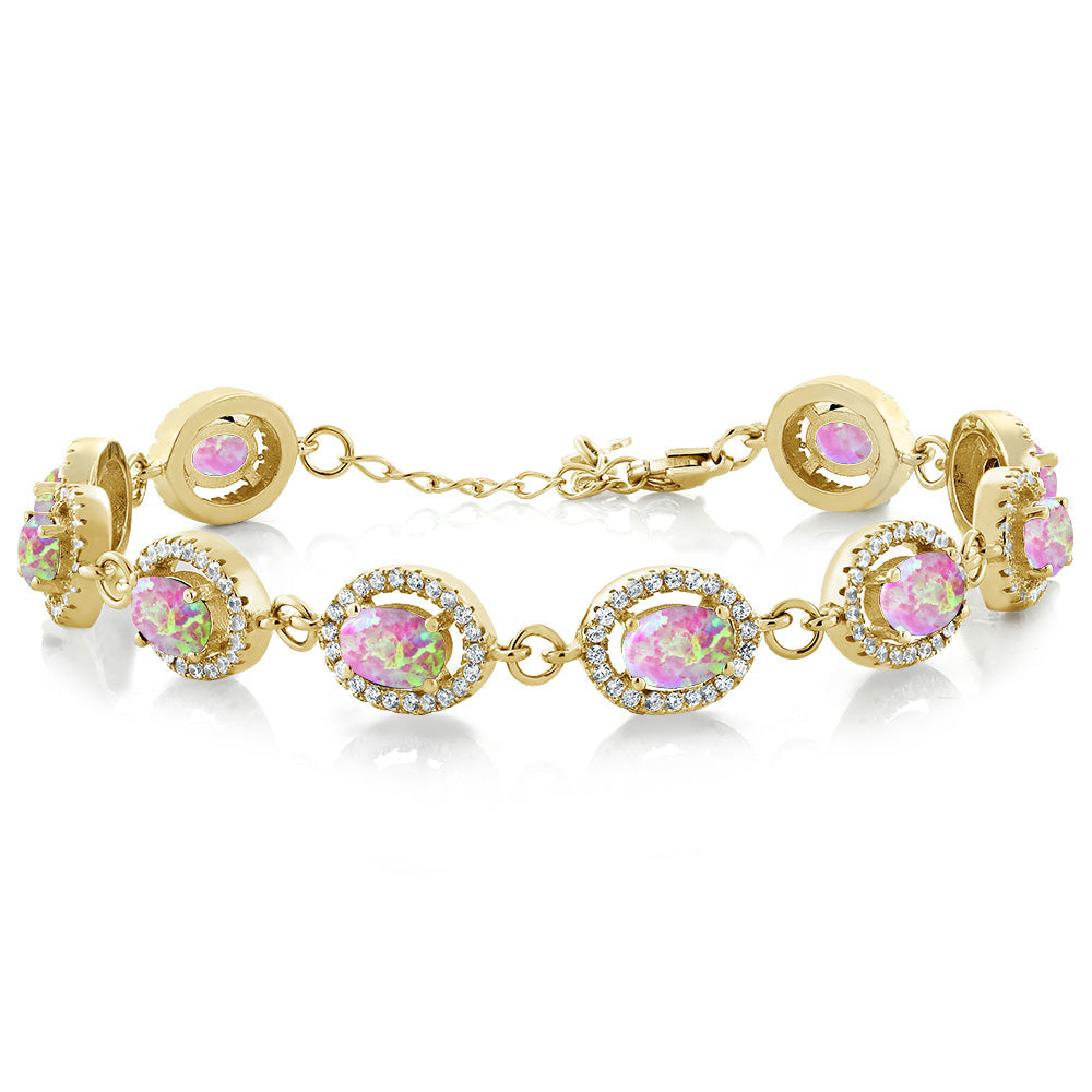Pink Simulated Opal - October_Bracelet in 925 Yellow Gold Plated Silver