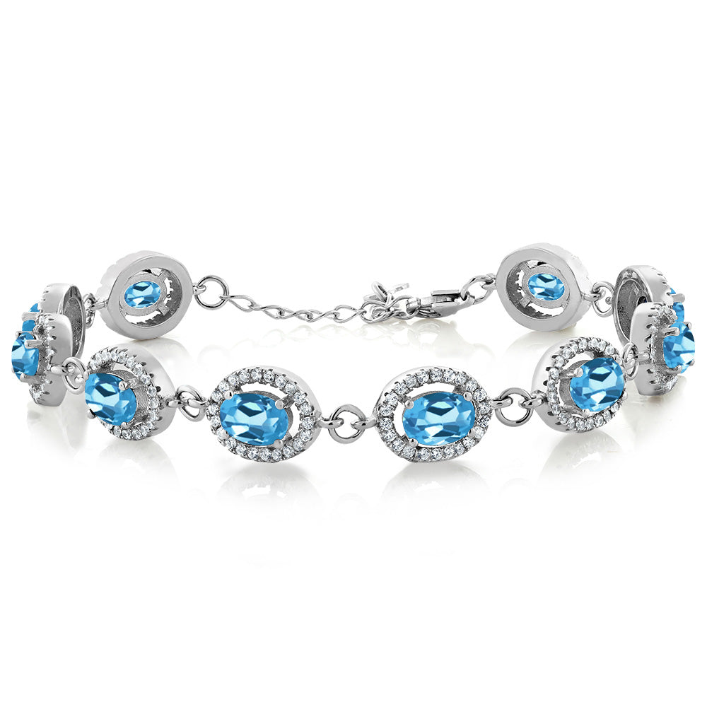 Gem Stone King 8-17 Cttw Oval Halo Statement Tennis Bracelet For Women | 925 Sterling Silver | 7X5MM Gemstone Birthstone | 7.5 Inch | Jewelry Gifts for Mom Wife Her