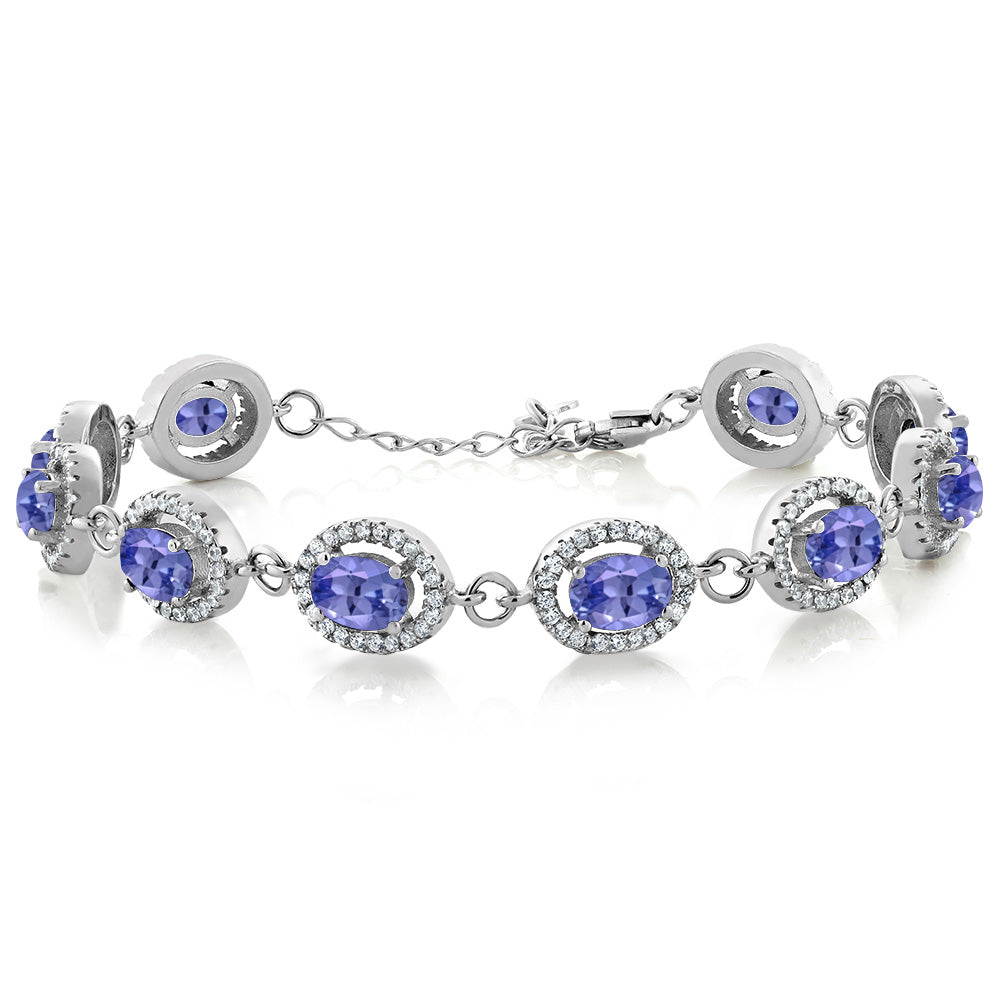 Gem Stone King 8-17 Cttw Oval Halo Statement Tennis Bracelet For Women | 925 Sterling Silver | 7X5MM Gemstone Birthstone | 7.5 Inch | Jewelry Gifts for Mom Wife Her