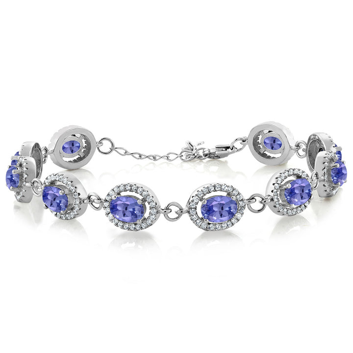 Gem Stone King 8-17 Cttw Oval Halo Statement Tennis Bracelet For Women | 925 Sterling Silver | 7X5MM Gemstone Birthstone | 7.5 Inch | Jewelry Gifts for Mom Wife Her