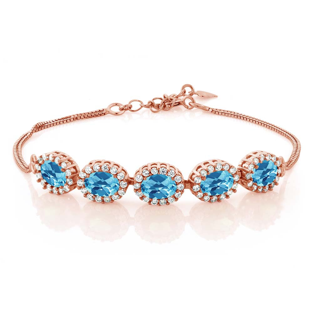 Swiss Blue Topaz-Checkerboard_Bracelet in 925 Rose Gold Plated Silver