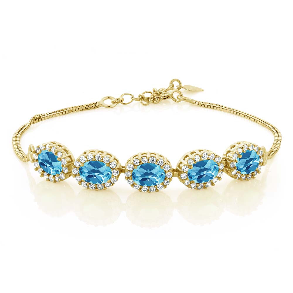 Swiss Blue Topaz-Checkerboard_Bracelet in 925 Yellow Gold Plated Silver