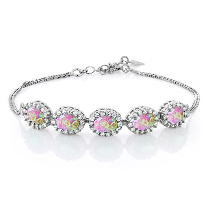 Pink Simulated Opal-Cabochon - October_Bracelet in 925 Sterling Silver
