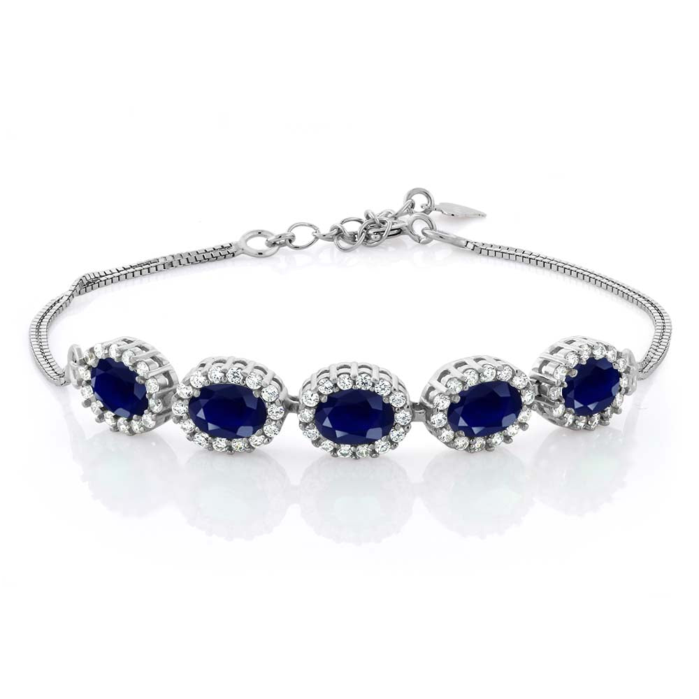 925 Sterling Silver Blue Sapphire Tennis Bracelet For Women (6.14 Cttw, Gemstone Birthstone, Center Stones: 7X5MM, 7 Inch + 1.5 inch Extender)