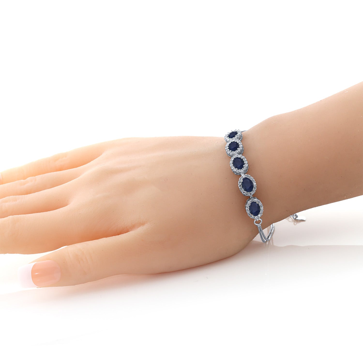 925 Sterling Silver Blue Sapphire Tennis Bracelet For Women (6.14 Cttw, Gemstone Birthstone, Center Stones: 7X5MM, 7 Inch + 1.5 inch Extender)