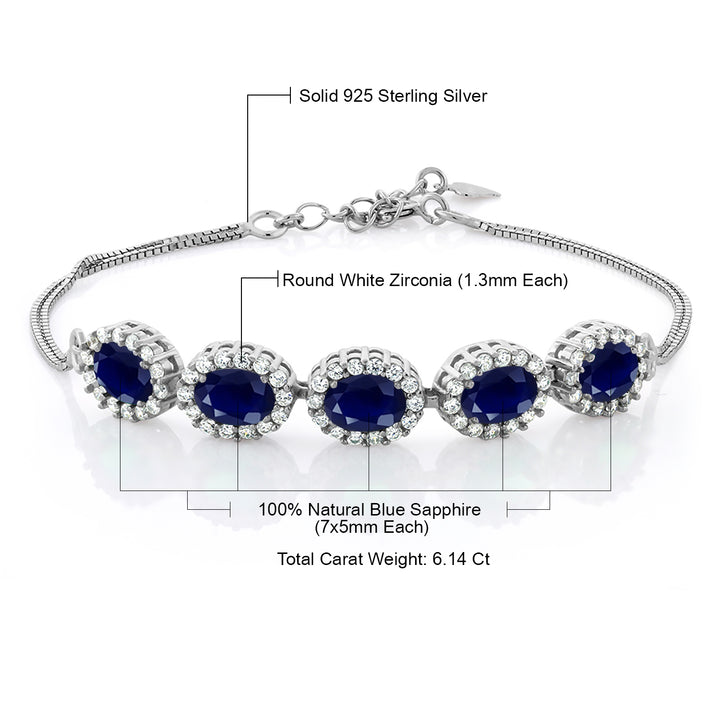 925 Sterling Silver Blue Sapphire Tennis Bracelet For Women (6.14 Cttw, Gemstone Birthstone, Center Stones: 7X5MM, 7 Inch + 1.5 inch Extender)