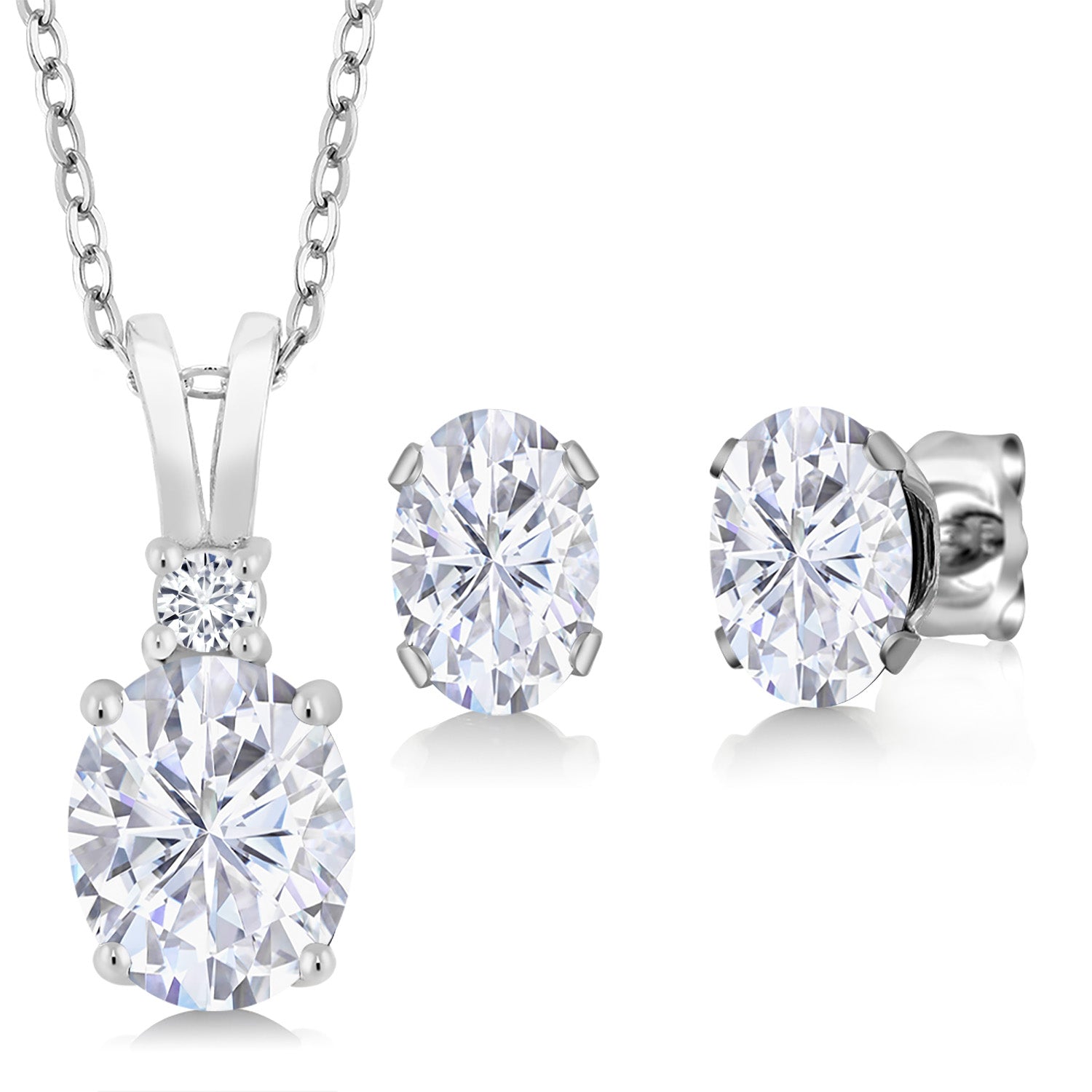 925 Sterling Silver White Moissanite and White Diamond Pendant Necklace Earrings Set For Women (3.37 Cttw, Oval 8X6MM and 7X5MM, with 18 Inch Chain)