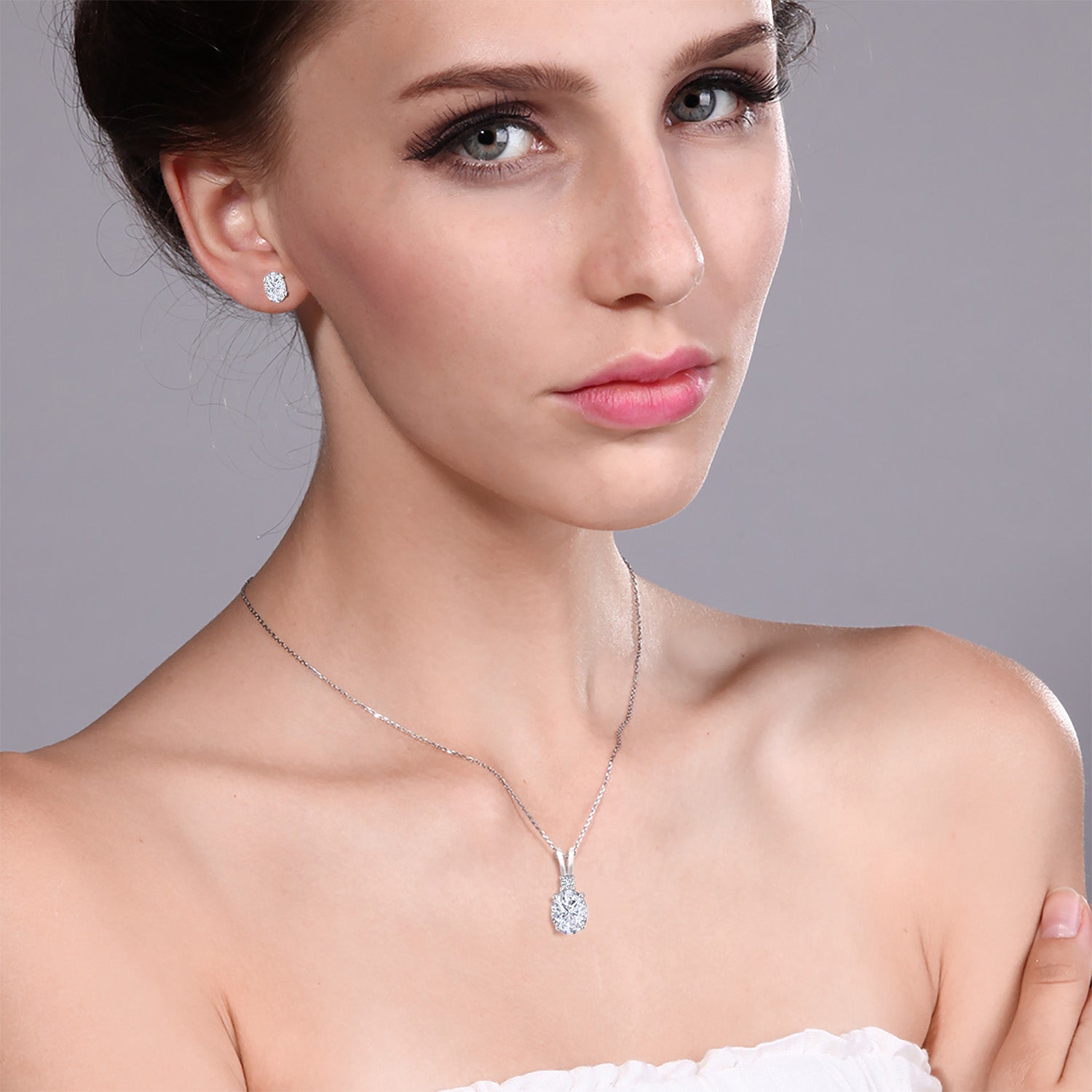 925 Sterling Silver White Moissanite and White Diamond Pendant Necklace Earrings Set For Women (3.37 Cttw, Oval 8X6MM and 7X5MM, with 18 Inch Chain)