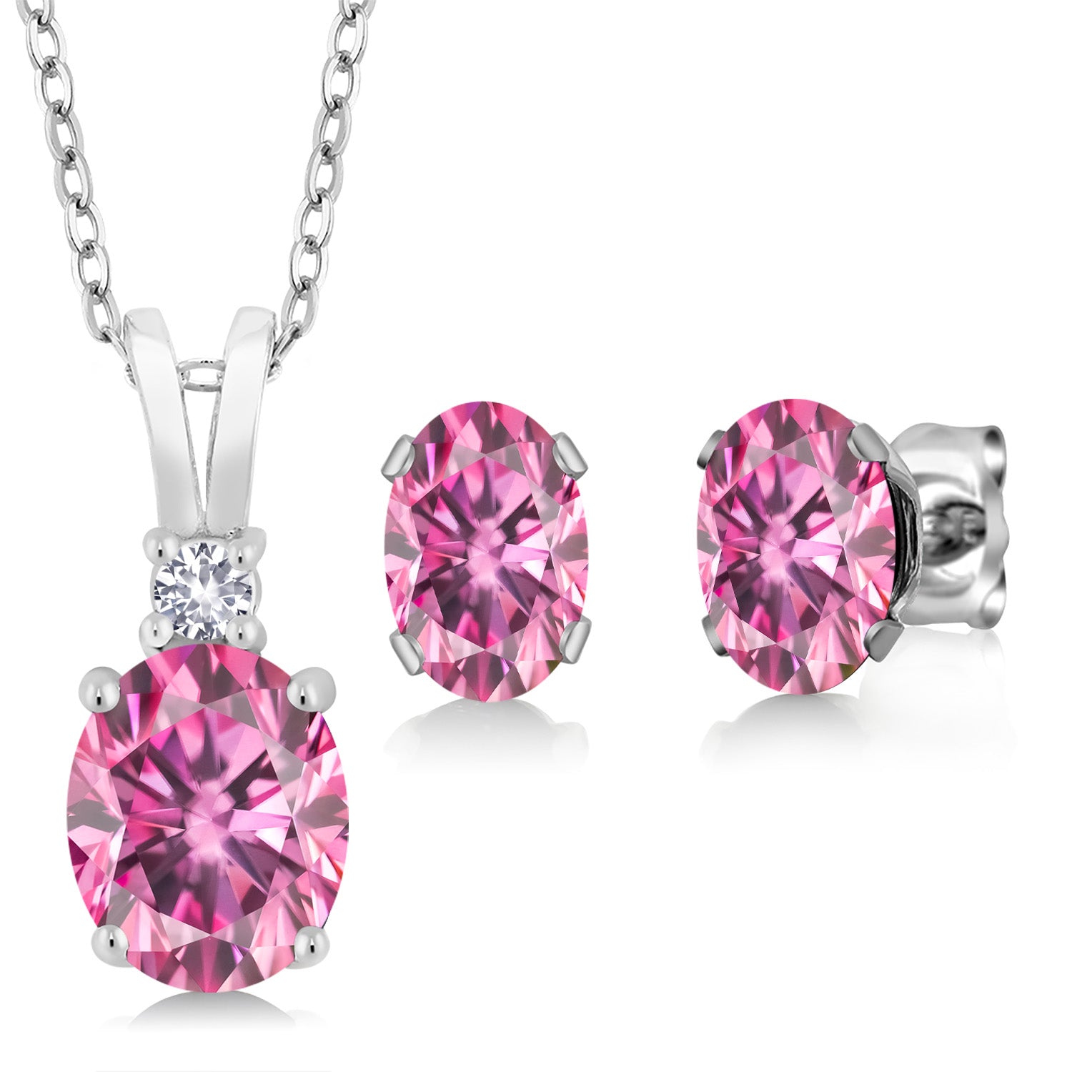 925 Sterling Silver Pendant and Earrings Jewelry Set Oval Pink Moissanite and Vivid Moissanite Pink (3.23 Cttw)