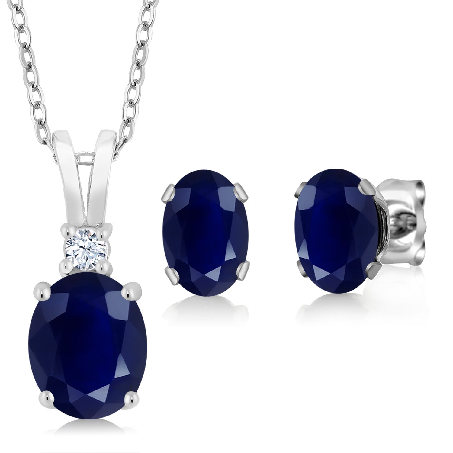 925 Sterling Silver Oval Blue Sapphire Pendant and Earrings Jewelry Set For Women (3.85 Cttw, Gemstone Birthstone, with 18 Inch Silver Chain)