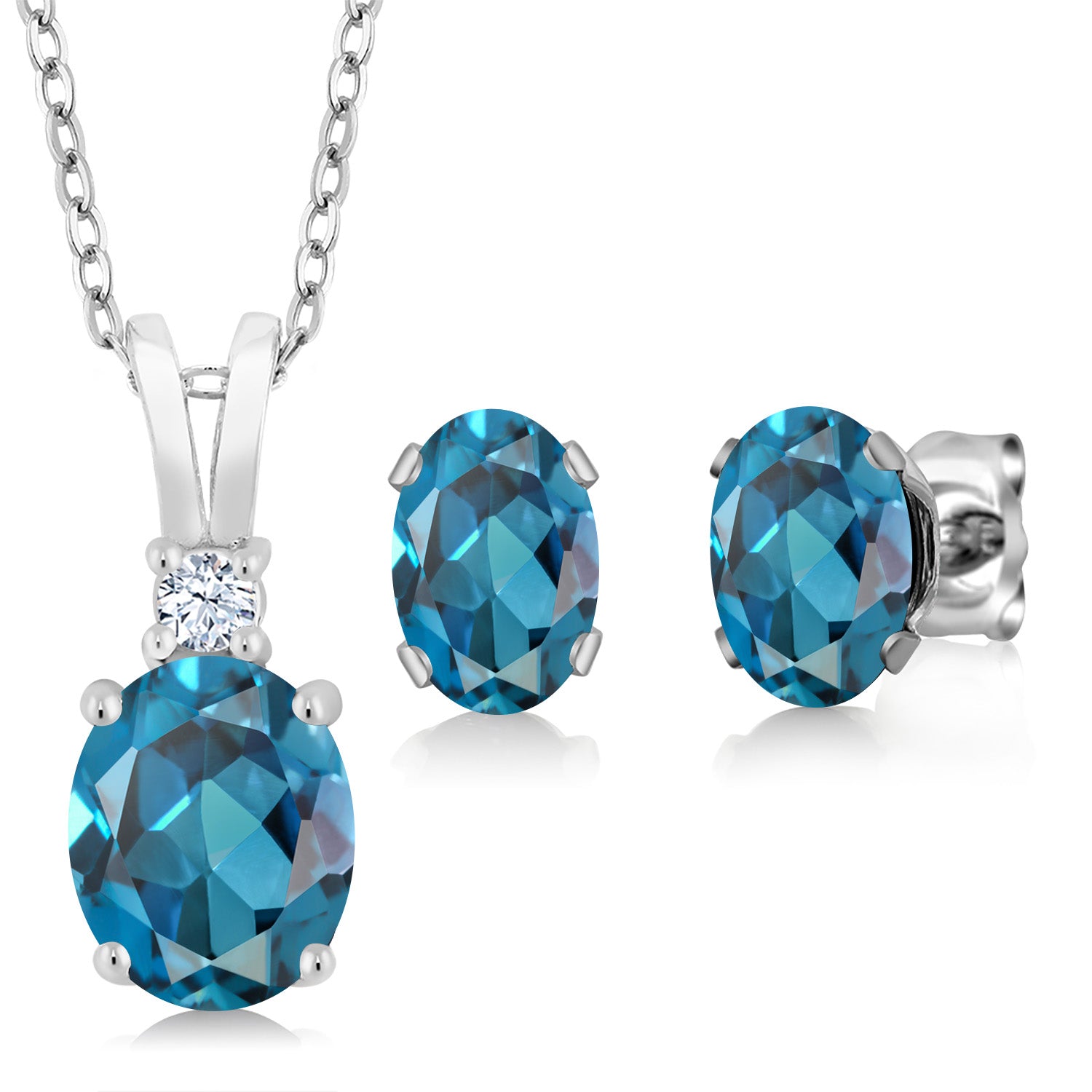 925 Sterling Silver London Blue Topaz Pendant and Earrings Jewelry Set For Women  | 3.15 Cttw | Gemstone Birthstone | With 18 Inch Silver Chain