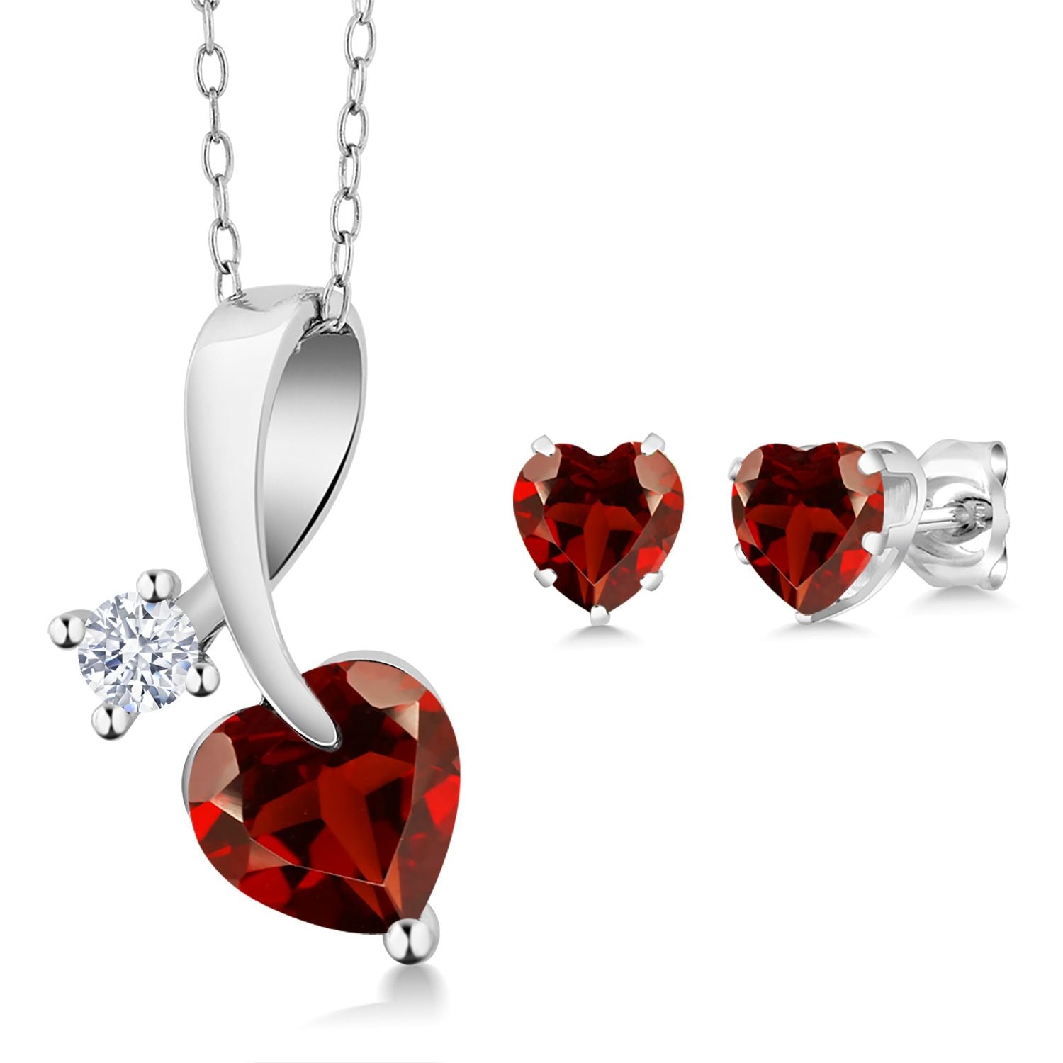 925 Silver Red Garnet Heart Shape Pendant and Earrings Jewelry Set For Women (2.51 Cttw, Gemstone January Birthstone, with 18 Inch Chain)