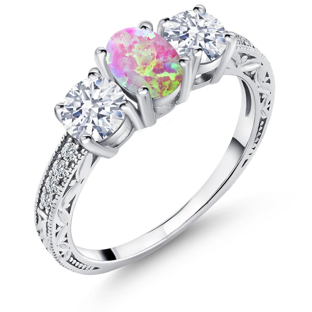 Pink Simulated Opal-Cabochon - October_8_Ring in 925 Sterling Silver