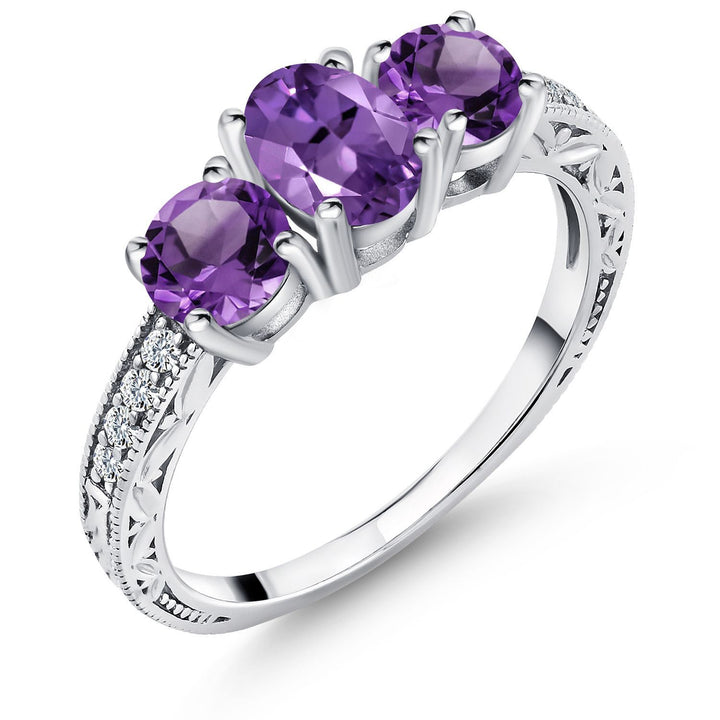 925 Sterling Silver Purple Amethyst 3 Stone Engagement Ring For Women (1.77 Cttw, Gemstone Birthstone, Available In Size 5, 6, 7, 8, 9)