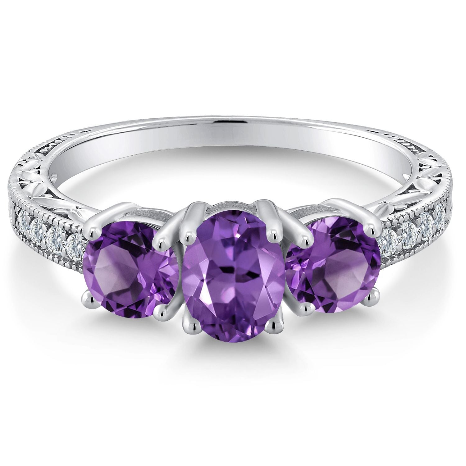 925 Sterling Silver Purple Amethyst 3 Stone Engagement Ring For Women (1.77 Cttw, Gemstone Birthstone, Available In Size 5, 6, 7, 8, 9)