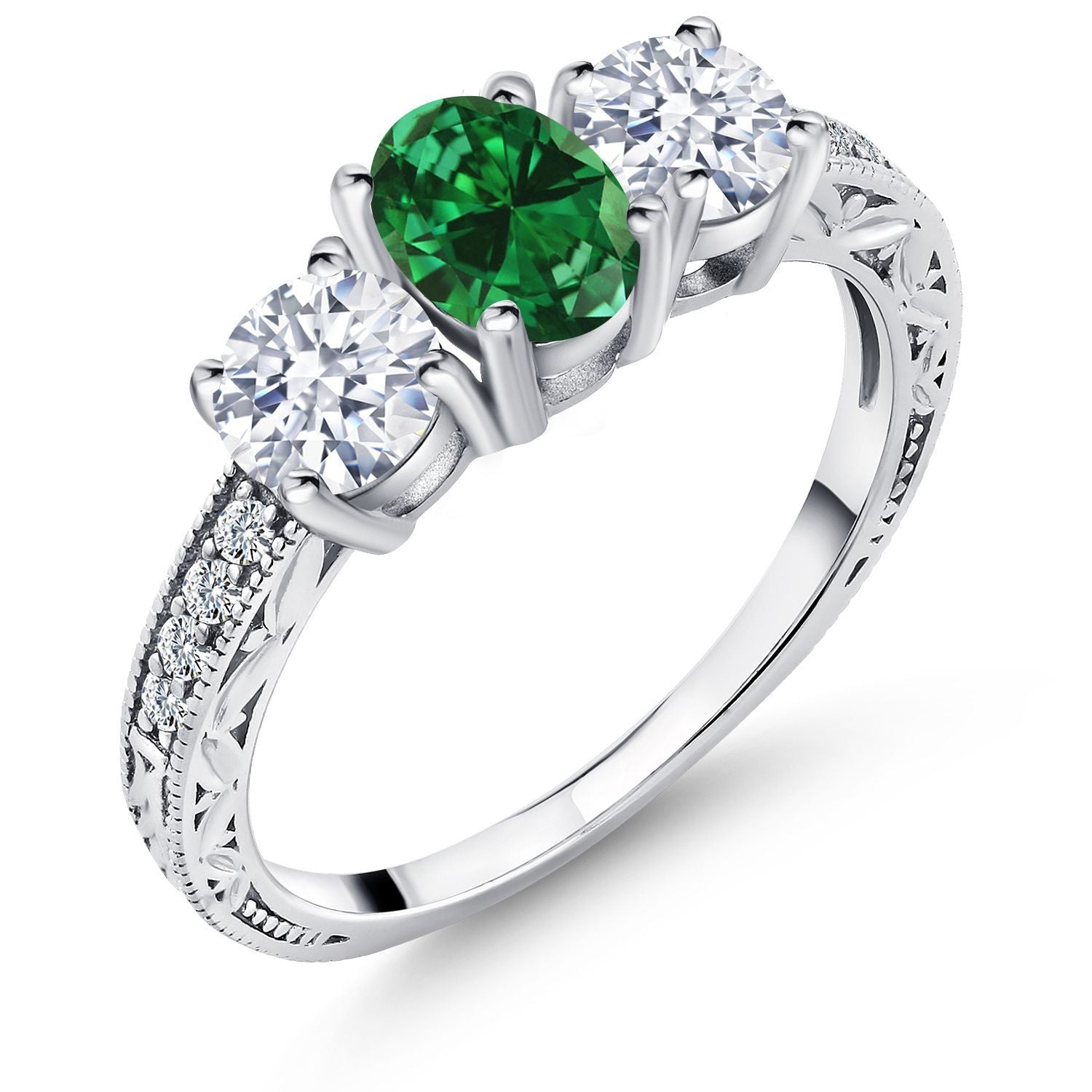 2.22 Cttw Oval Green Simulated Emerald 3-Stone Ring In 925 Sterling Silver | Three Stone Wedding Engagement Anniversary Promise Ring For Women | Size 5,6,7,8,9