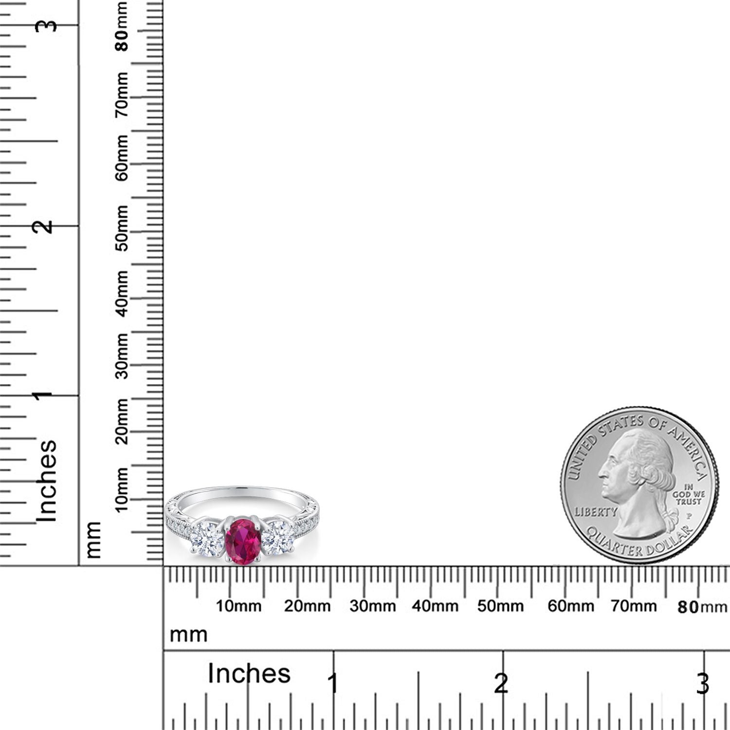 2.52 Cttw 925 Sterling Silver Red Created Ruby 3-Stone Engagement Ring | Oval 7X5MM and Round 5MM | Three Stone Wedding Anniversary Promise Ring For Women