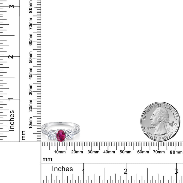 2.52 Cttw 925 Sterling Silver Red Created Ruby 3-Stone Engagement Ring | Oval 7X5MM and Round 5MM | Three Stone Wedding Anniversary Promise Ring For Women