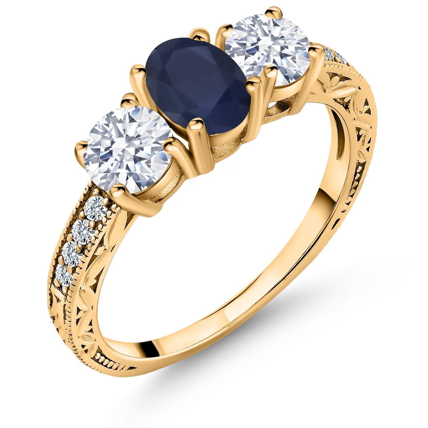 18K Yellow Gold Plated Silver Blue Sapphire Engagement Ring | 3-Stone Ring For Women | 2.64 Cttw | Oval 7X5MM | Available In Size 5, 6, 7, 8, 9