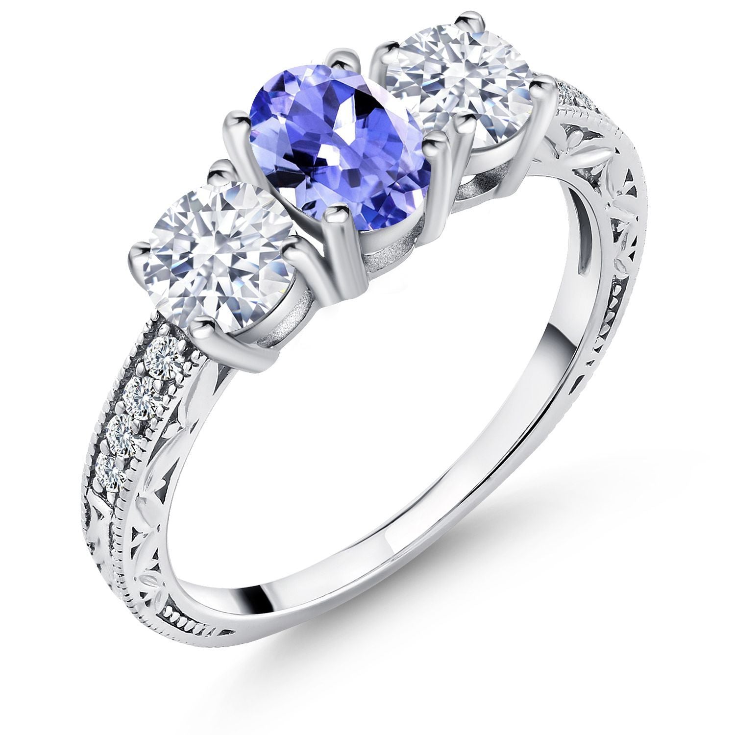 2.44 Cttw Oval Blue Tanzanite 3-Stone Ring For Women Set In 925 Sterling Silver | Gemstone Birthstone | Oval 7X5MM and Round 5MM | Available In Size 5, 6, 7, 8, 9